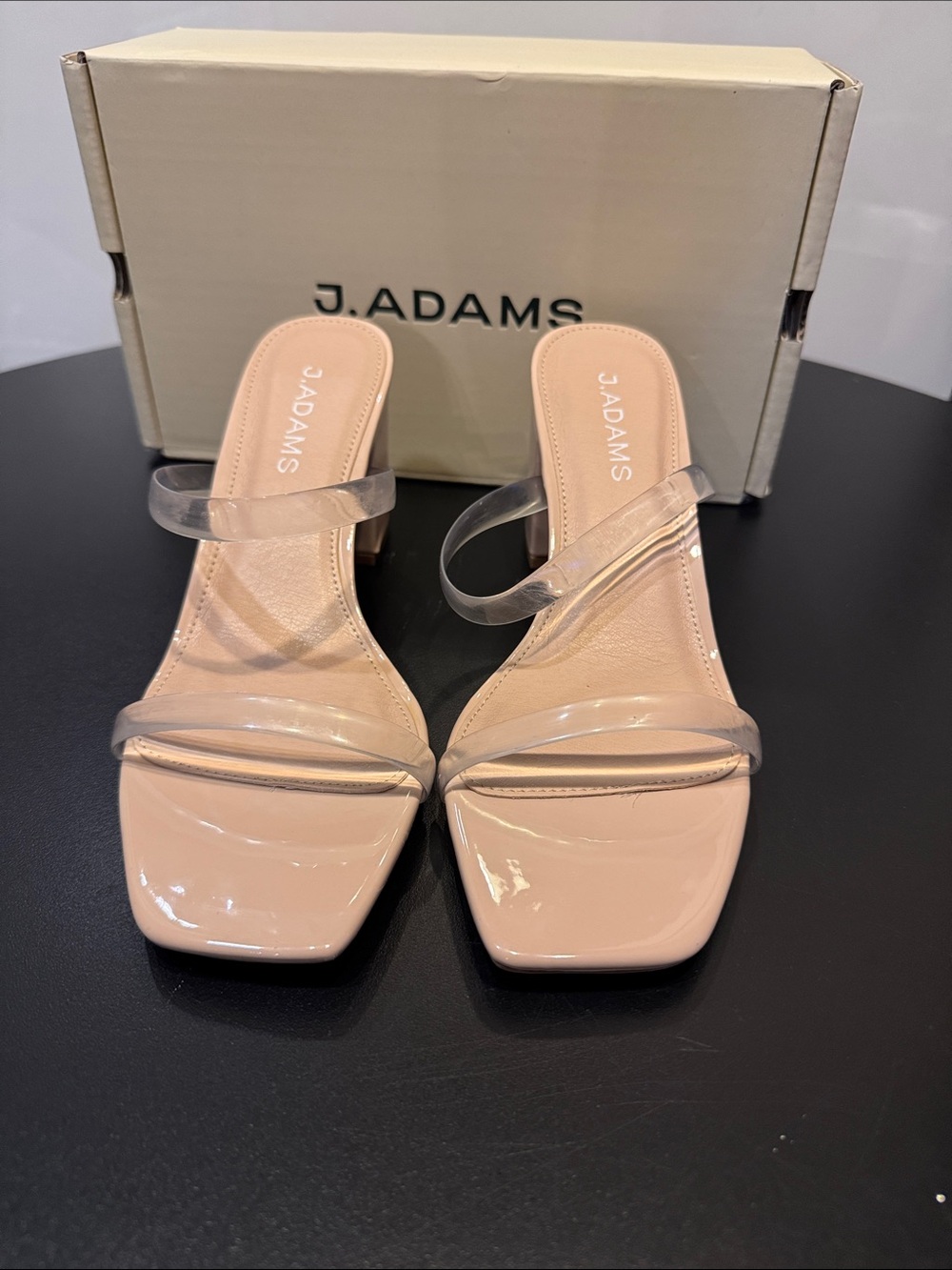 J. Adams Blush Nude Square-Toe Clear Strap Block Heels